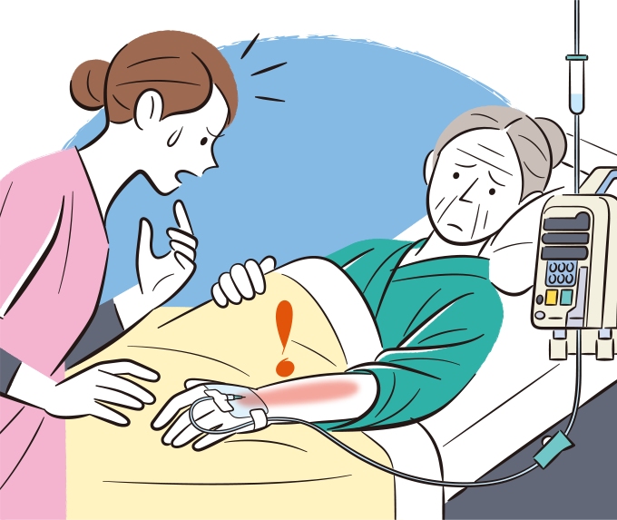 患者が点滴の刺入部の痛みを訴えたため確認すると、血管の走行に沿って発赤していて、その様子に焦っている看護師のイラスト