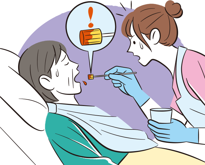患者に普段通りに口腔ケアをした際に、歯肉出血があり止血困難となり、その様子に焦っている看護師のイラスト