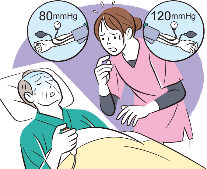 患者の両腕で収縮期血圧を図ったら差があり、記録には高い数値の左腕のみ記載していたが、その数時間後に気分不快を訴え意識消失してしまって、その様子に焦っている看護師のイラスト