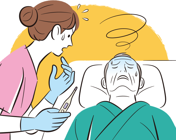 原因不明の発熱のある患者に抗菌薬投与せず、経過観察をしていたところ、ショック状態になってしまい、その様子に焦っている看護師のイラスト