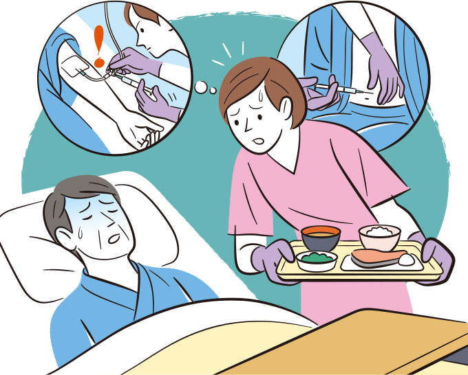 患者にインスリン皮下注射を静脈注射したら意識が混濁してしまい、その様子に焦っている看護師のイラスト