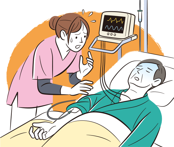 アルコール依存症の患者に不穏時指示のイソゾール®を投与後、観察に戻ったとき呼吸停止いたことに焦っている看護師のイラスト