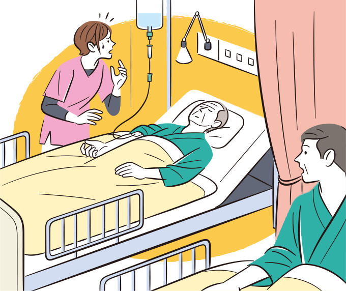 細胞外液の点滴を行う患者さんを間違えて、違う患者さんに投与してしまい焦っている看護師のイラスト