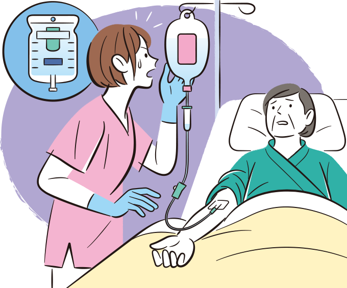 「維持輸液」の指示が出ていた患者に、間違えて「細胞外液」の点滴を投与してしまい焦っている看護師のイラスト