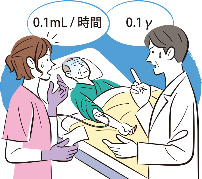 患者に昇圧薬のノルアドレナリンを開始したが血圧が上昇しなかったため、確認したところ指示量の1/10で調剤してしまっていたことに気づき、焦っている看護師のイラスト