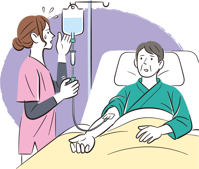 患者に点滴を手動で調整していたら、予定よりかなり残ってしまい、その様子に焦っている看護師のイラスト