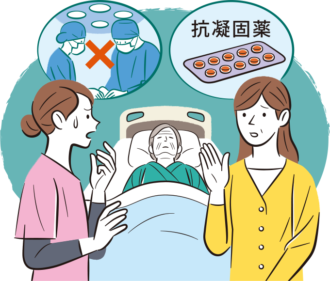 患者の抗凝固薬を中止していないことが手術当日に判明し、そのせいで手術が延期になってしまい焦っている看護師のイラスト