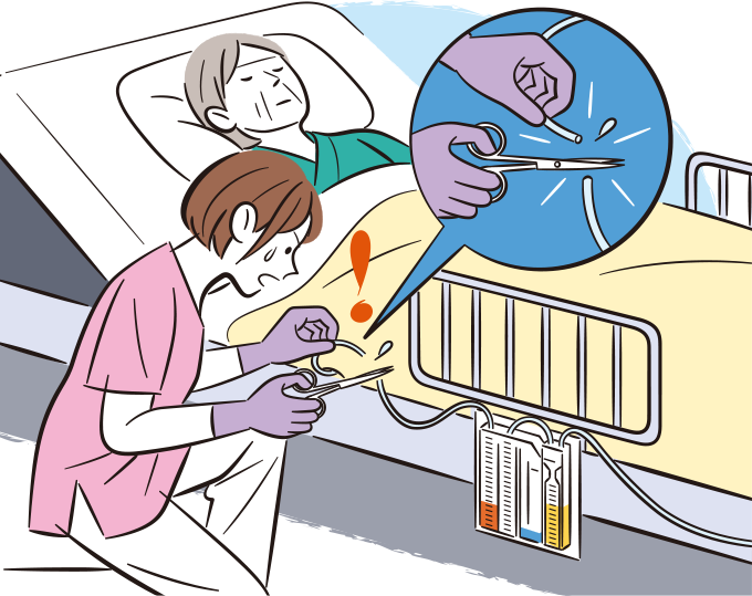 患者の胸腔ドレーンを切断してしまい、焦っている看護師のイラスト