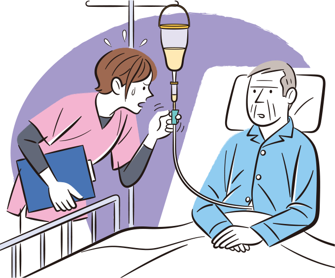 看護師が患者に経管栄養を持続投与中、定期の内服薬を投与後カテーテルの閉塞を認め焦っている様子のイラスト