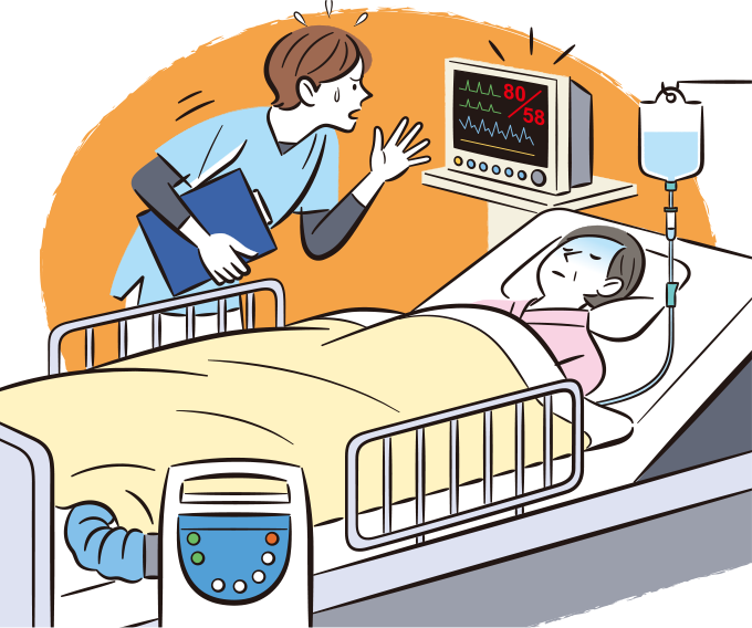 術後、患者に末梢冷感があったため、温風加温器で加温したところ血圧が下がり焦っている看護師のイラスト