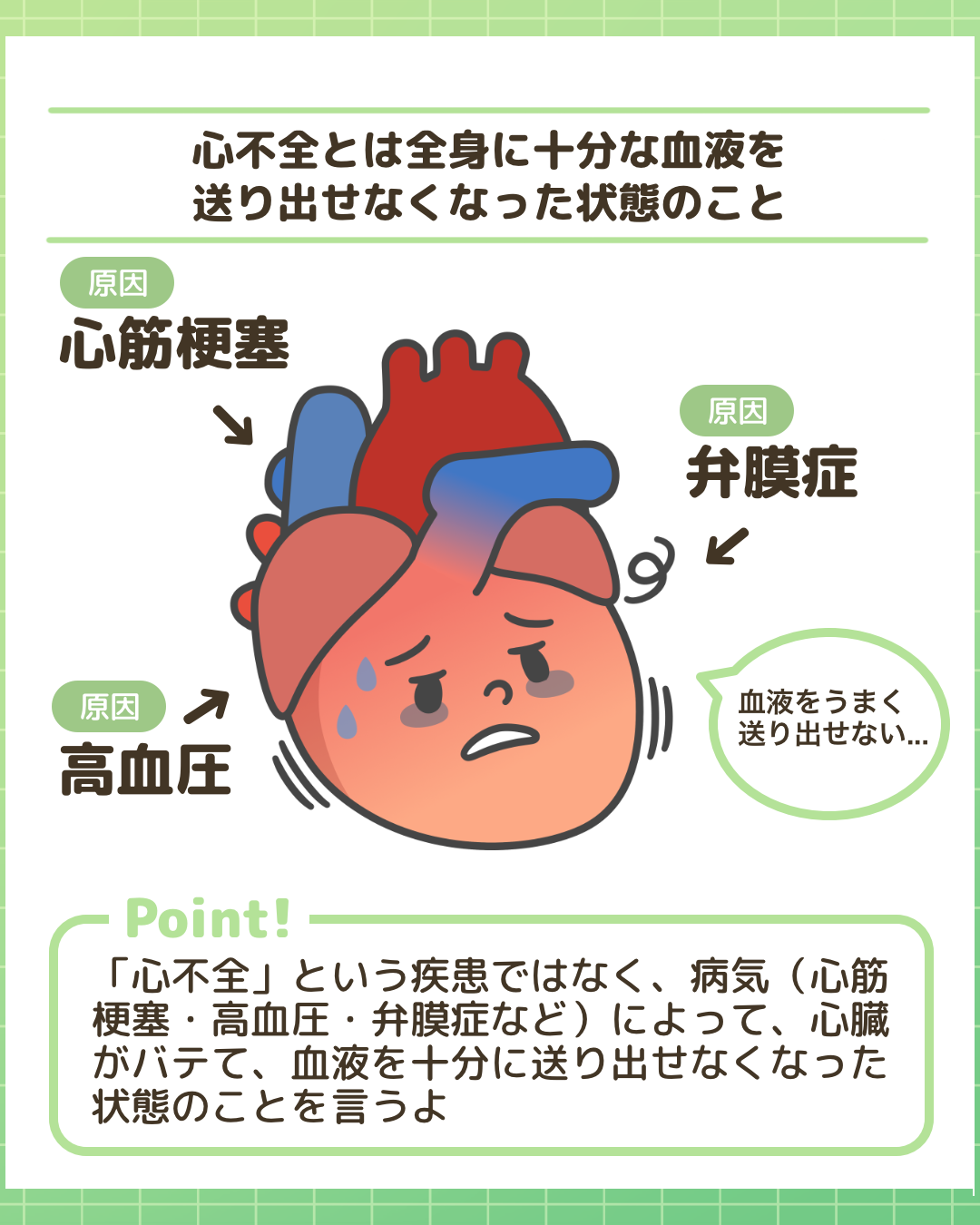 心不全の定義と原因（心筋梗塞・高血圧・弁膜症など）を解説したイラスト