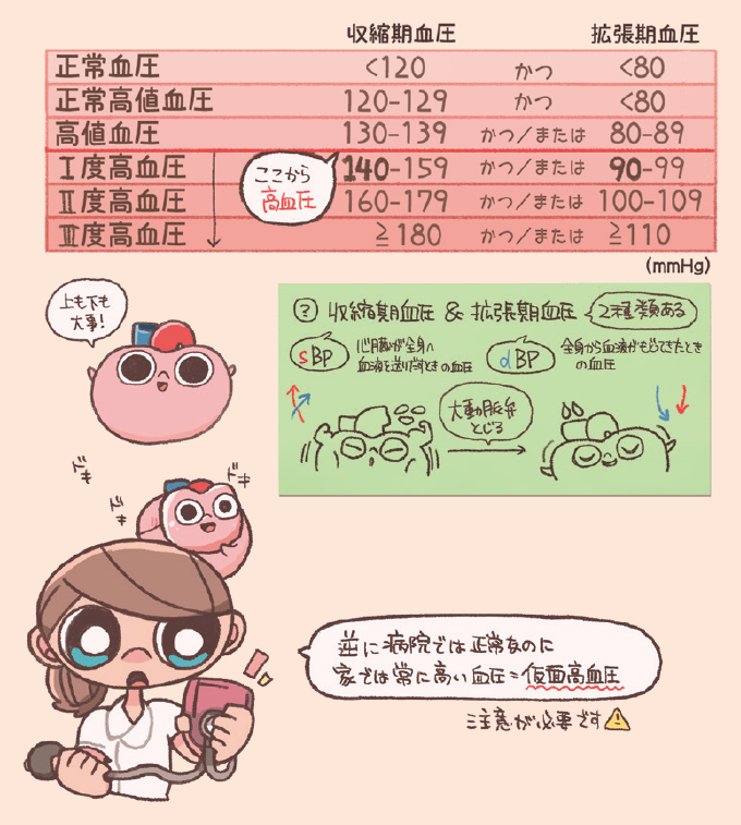 日本高血圧学会のガイドラインに基づいた血圧の分類表と、血圧測定の重要性を解説したイラスト