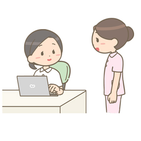 新人看護師がデスクワークをしている先輩看護師に話しかけているイラスト フリー素材 看護roo カンゴルー