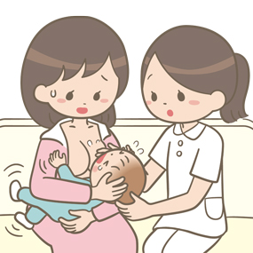 看護師がお母さんに直接授乳を指導するイラスト