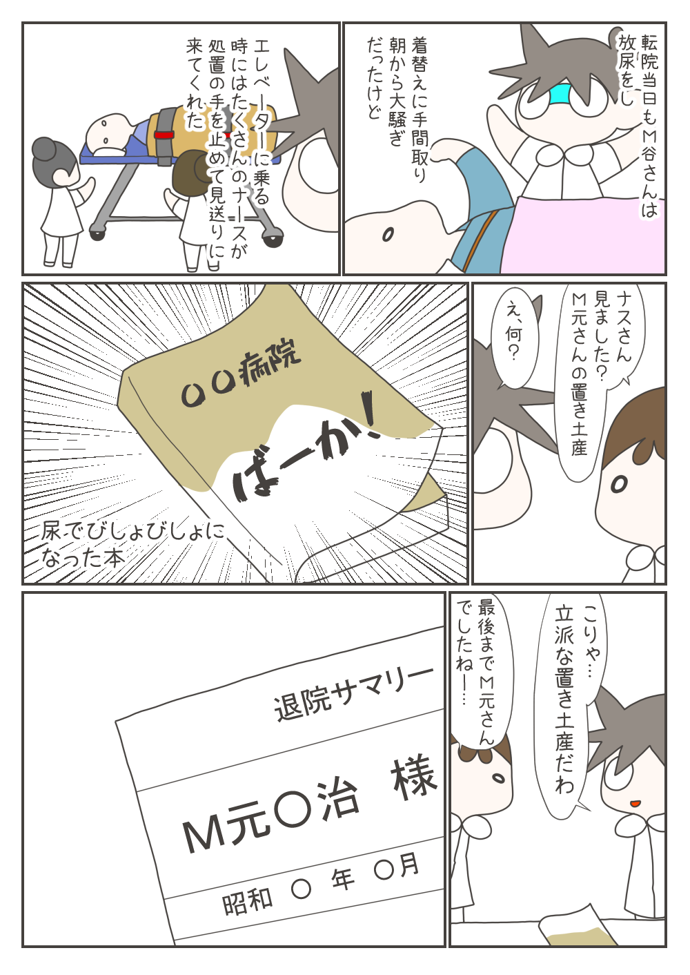転院当日も大騒ぎを起こし、尿で濡れた本という強烈な「置き土産」を残して去ったM元さん。呆れる看護師たちですが、たくさんのナースの手を止めさせて見送られるなど、最後まで記憶に残る患者でした。。