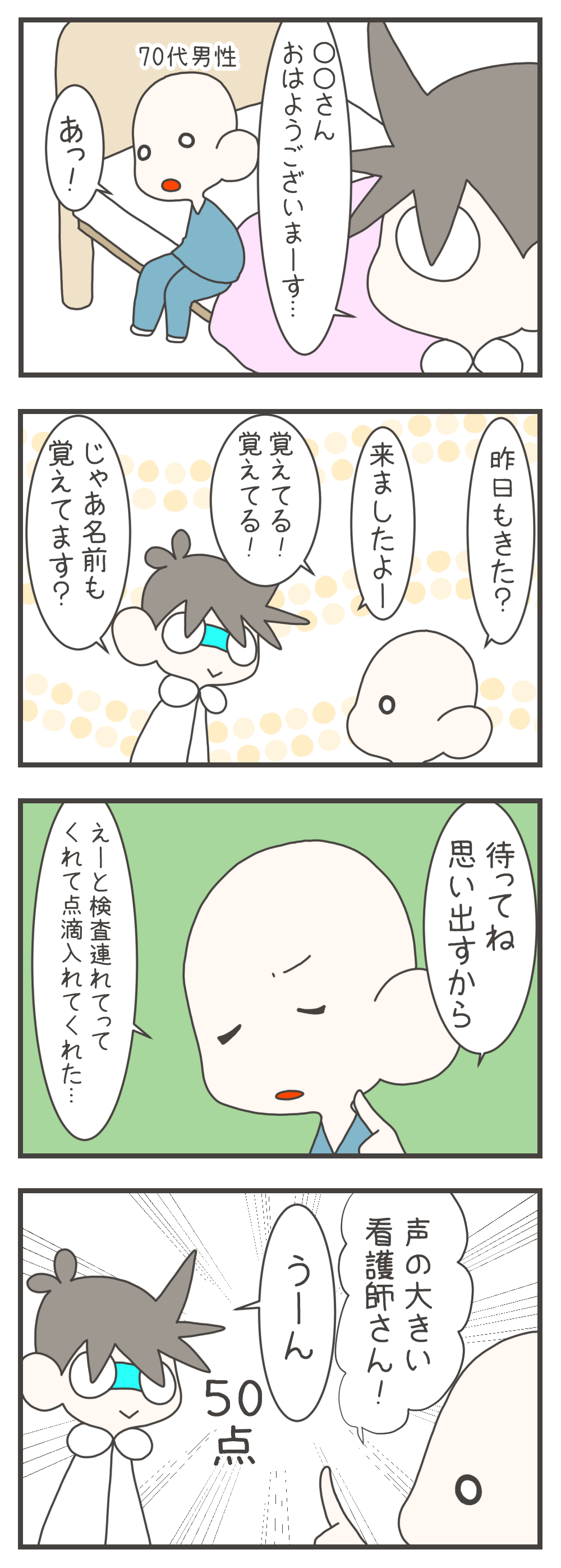 高齢の患者さんに「自分の名前を覚えているか」尋ねる看護師のナスさん。「検査に連れて行って点滴をしてくれた声の大きい看護師さん」と思い出そうとされるも、名前までは出てこず「50点」と心の中で採点するのでした。