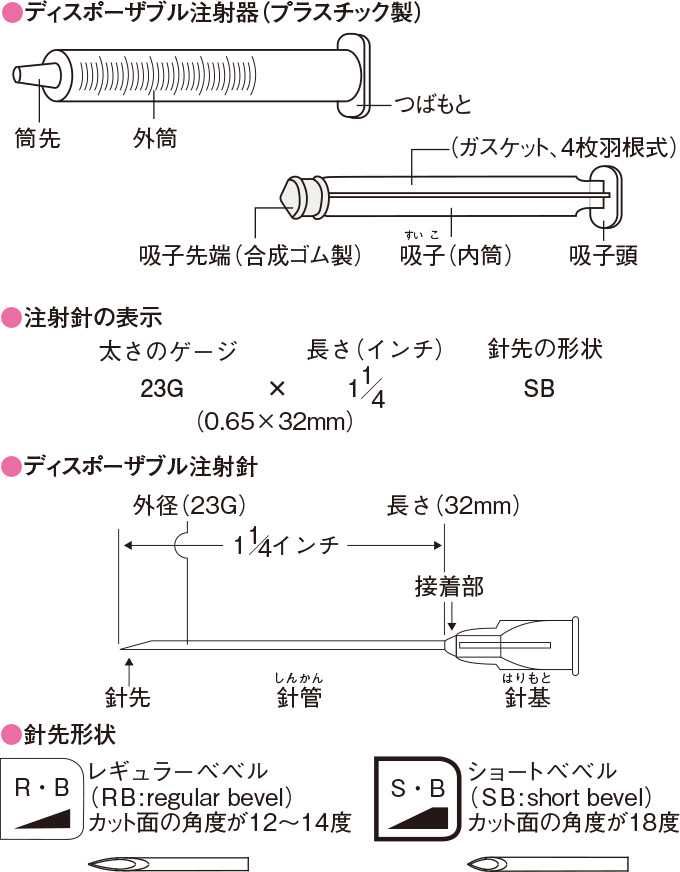 注射針の構造(ゲージ、レギュラーベベル、ショートベベルの違い)