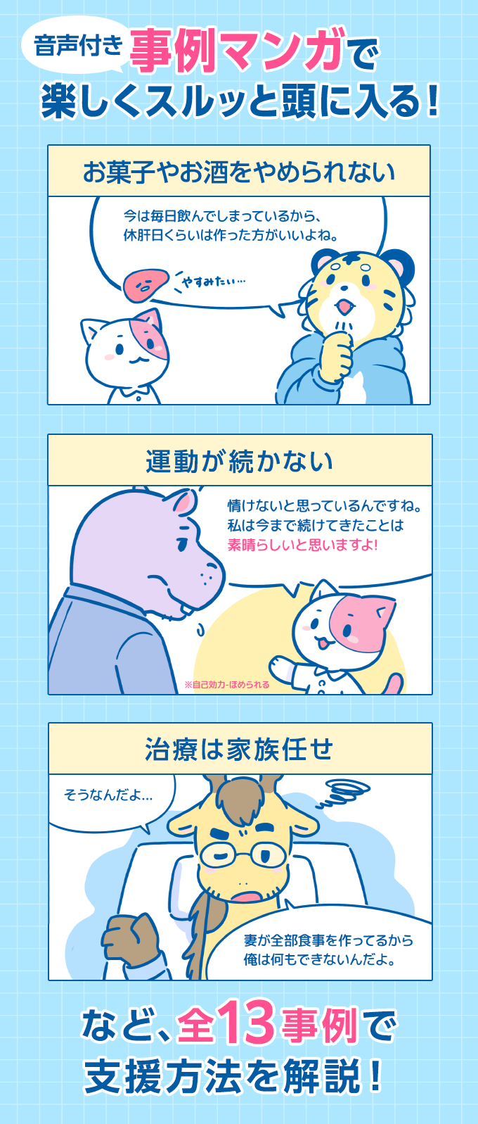 事例マンガで楽しくスッと頭に入る！音声付き、お菓子やお酒をやめられない、運動が続かない、治療は家族任せ、治療費に困っている、治療を継続しているけど、実はつらい…など
全13事例で支援方法を解説