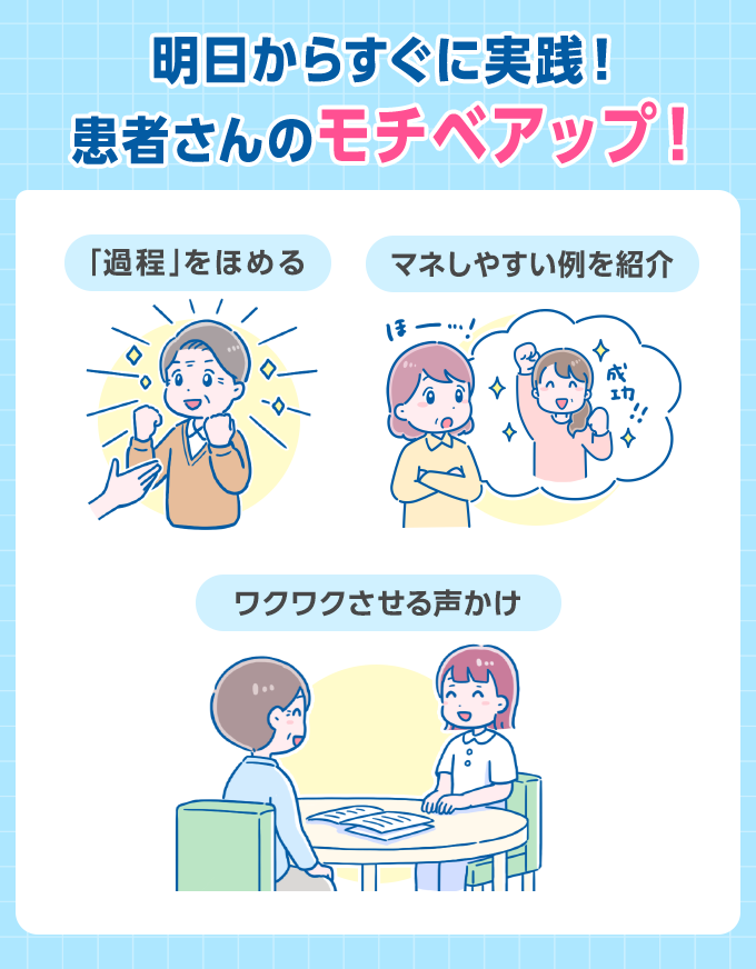 明日からすぐに実践、患者さんのモチベアップ、過程をほめる、まねしやすい例を紹介、わくわくさせる声かけ