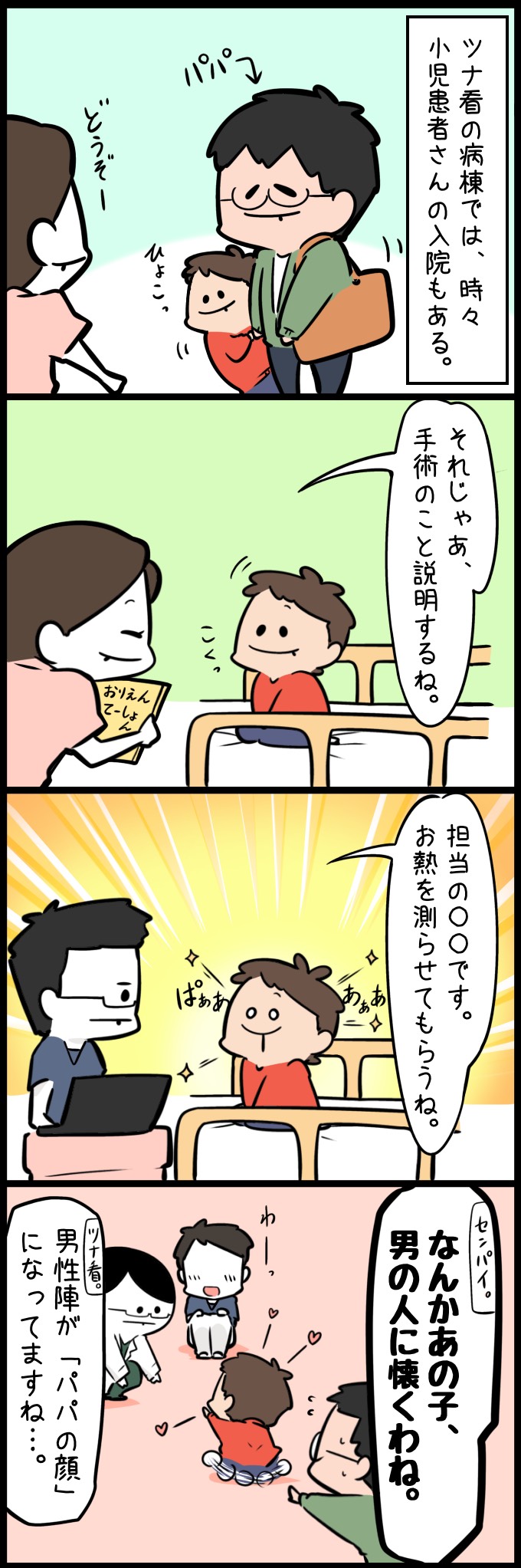 ツナ看が勤務する病棟に、父親に連れられた小さな男の子が入院してきました。女性看護師が手術の説明をしてもどこか緊張した様子でしたが、男性看護師が検温に来ると一変してパァァと明るい表情を見せます。男の子が男性陣にばかり懐く様子を見て、ツナ看たちは「男性陣がパパの顔になってますね」と微笑ましく見守るのでした。