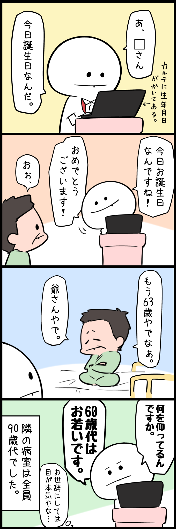電子カルテの生年月日を見て患者が今日 birthday だと気づく看護師。2コマ目:患者に「今日お誕生日なんですね!おめでとうございます!」と祝福の声をかける。3コマ目:患者が「もう63歳やでなぁ。爺さんやで。」と返す。4コマ目:看護師が「何を仰ってるんですか。60年代はお若いですよ。」と真顔で伝える。隣の病室は全員90年代で、お世辞にしては目が本気な看護師の様子を描く。